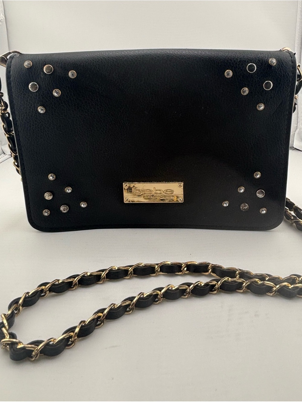 bebe Black Crossbody Bag with Gold Chain and Stud Accents